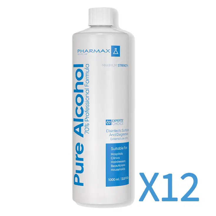 מארז 12 יחידות אלכוהול 70% לחיטוי מהיר ומקצועי 1000 מ"ל פארמקס | PHARMAX